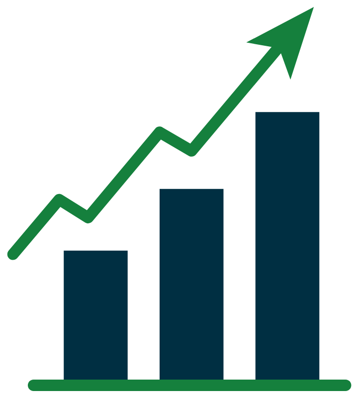 Ilustração vetorial de gráfico de investimentos com barras azuis e linha verde ascendente